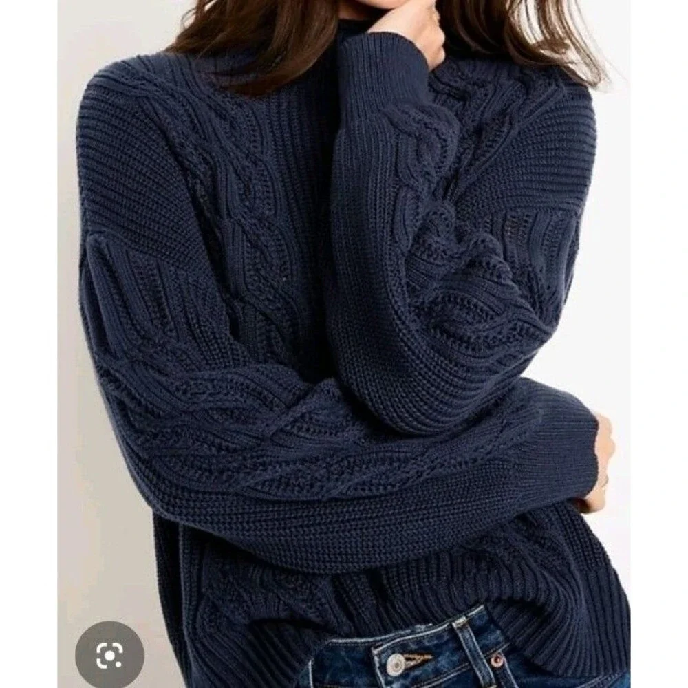 NWT Women's Old Navy Seaside Cotton Roll Neck Cable Knit Sweater Size L N7 Navy
